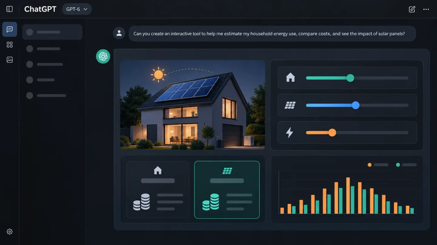 Fictieve donkere ChatGPT-interface met GPT-6 die een interactieve energierekentool met schuifregelaars en een grafiek toont.