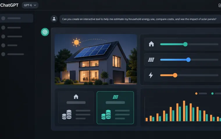 Fictieve donkere ChatGPT-interface met GPT-6 die een interactieve energierekentool met schuifregelaars en een grafiek toont.