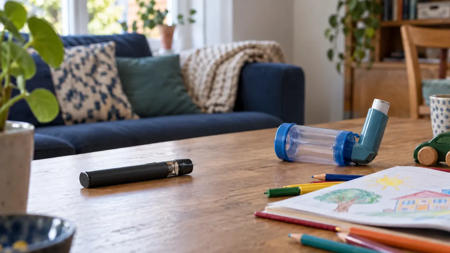 Inactieve e-sigaret naast een astma-inhalator en kindertekening op een tafel in de woonkamer