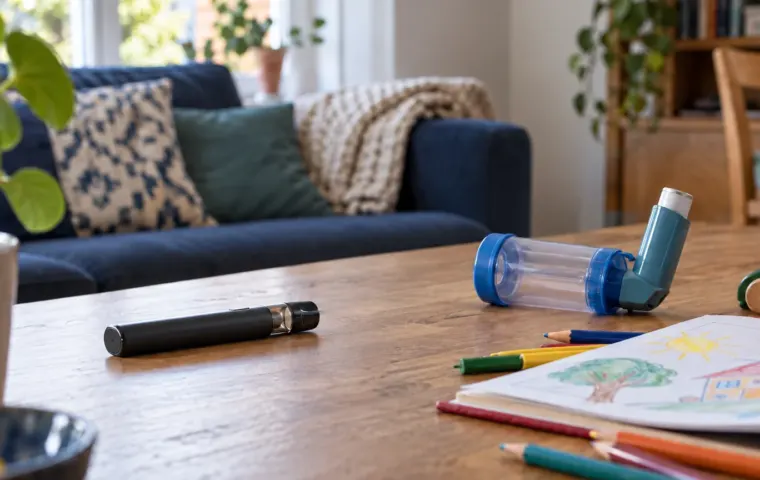 Inactieve e-sigaret naast een astma-inhalator en kindertekening op een tafel in de woonkamer