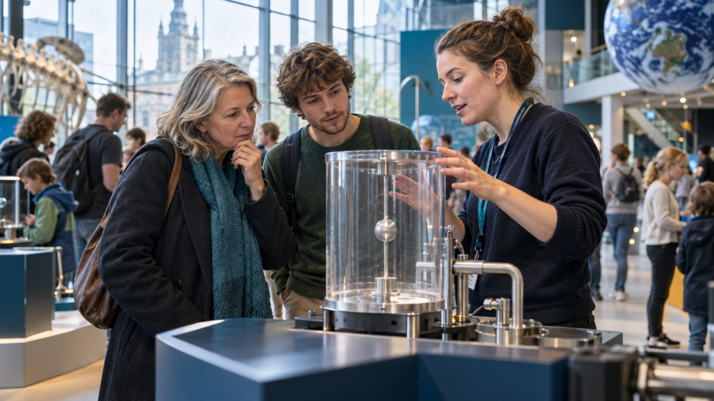Bezoekers van een Nederlands wetenschapsmuseum bekijken samen een interactieve onderzoeksopstelling.