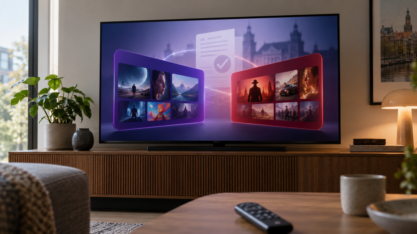 Illustratie van twee afzonderlijke streamingdiensten op een televisie, met een document dat goedkeuring symboliseert.