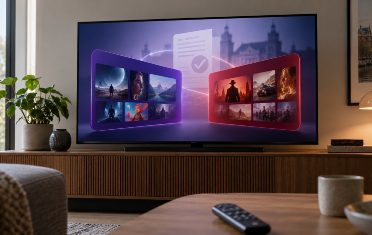 Illustratie van twee afzonderlijke streamingdiensten op een televisie, met een document dat goedkeuring symboliseert.