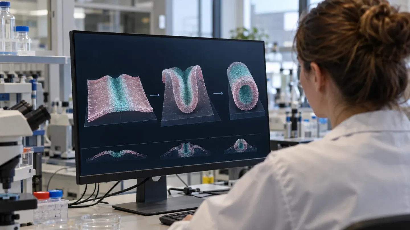 Onderzoeker bekijkt op een computerscherm een simulatie waarin een vlakke laag cellen zich tot een neurale buis vouwt.