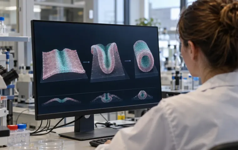 Onderzoeker bekijkt op een computerscherm een simulatie waarin een vlakke laag cellen zich tot een neurale buis vouwt.