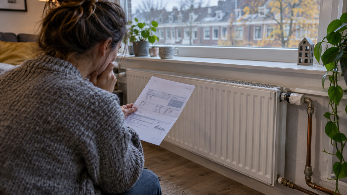 Nederlandse bewoner bekijkt een warmterekening naast een radiator