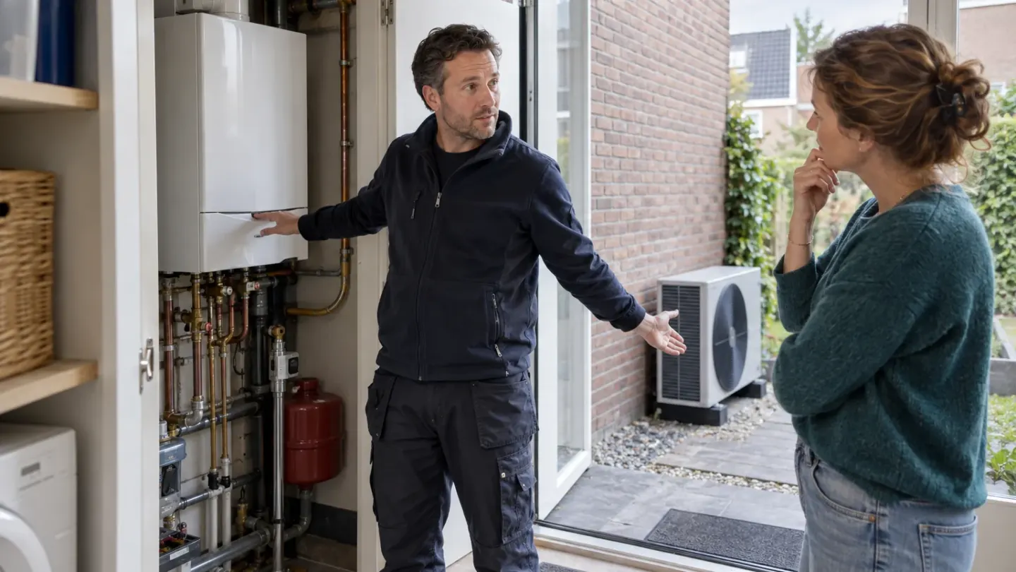 Installateur toont een cv-ketel terwijl buiten naast de woning een warmtepomp staat.