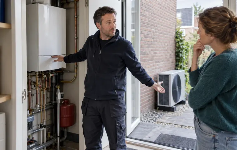 Installateur toont een cv-ketel terwijl buiten naast de woning een warmtepomp staat.