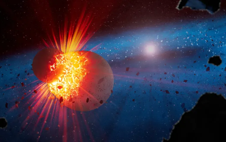Artistieke voorstelling van twee jonge planetaire lichamen die botsen in een stoffige schijf rond een ster