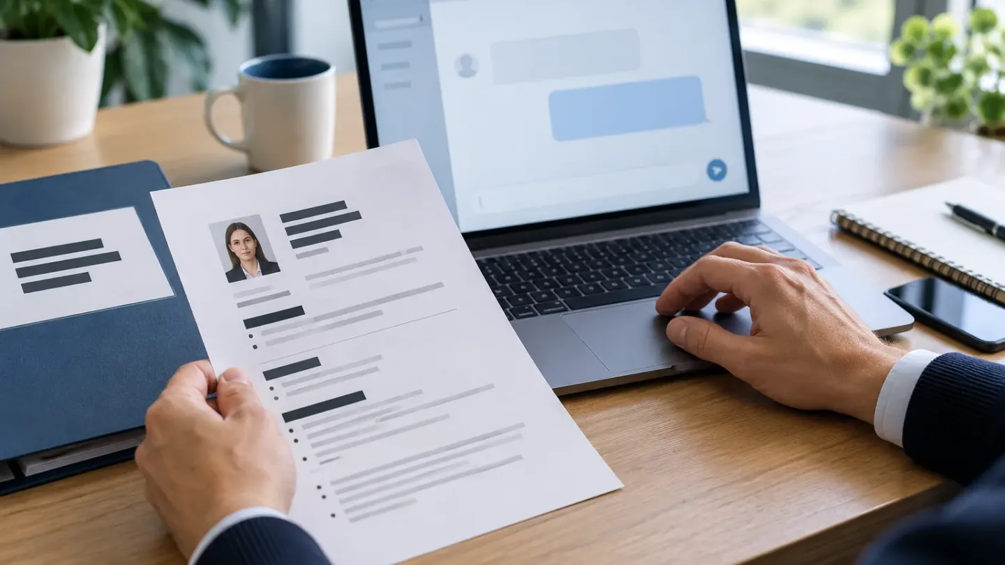 Een werknemer houdt een cv met afgeschermde gegevens vast naast een laptop met een generieke AI-chat