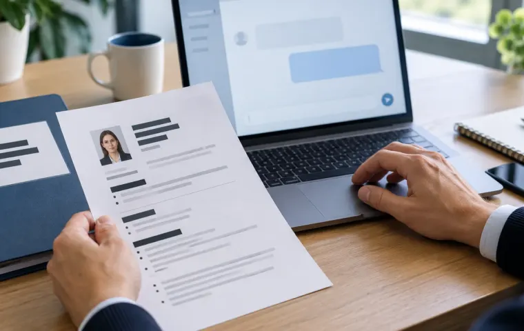 Een werknemer houdt een cv met afgeschermde gegevens vast naast een laptop met een generieke AI-chat