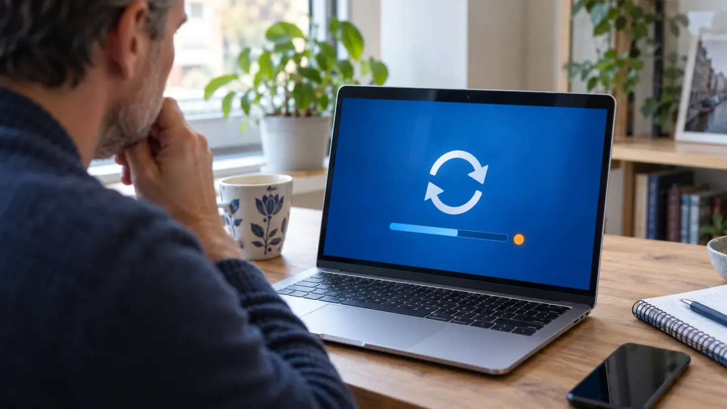 Een man controleert op een laptop een software-update met een blauw updatesymbool en een voortgangsbalk.