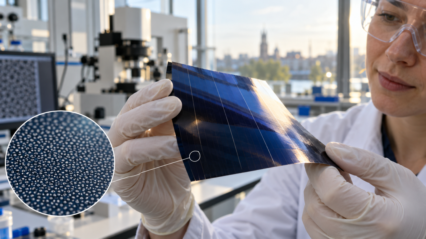 Onderzoeker houdt een ultradunne blauwe siliciumzonnecel met een onregelmatig nanopatroon vast