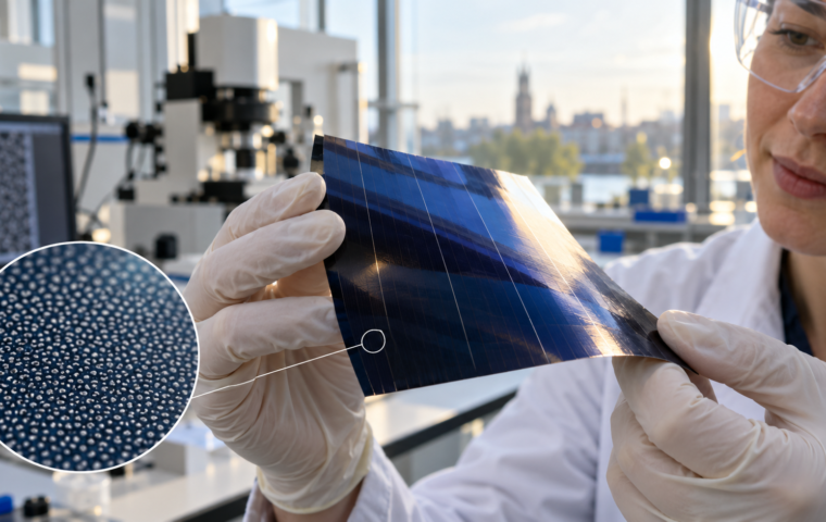 Onderzoeker houdt een ultradunne blauwe siliciumzonnecel met een onregelmatig nanopatroon vast