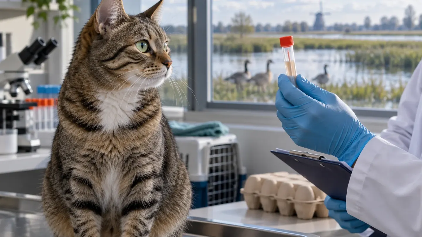 Huiskat in een dierenartspraktijk kijkt naar een monsterbuisje, met watervogels en een Nederlands polderlandschap achter het raam en een gesloten eierdoos op de achtergrond.