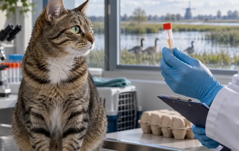 Huiskat in een dierenartspraktijk kijkt naar een monsterbuisje, met watervogels en een Nederlands polderlandschap achter het raam en een gesloten eierdoos op de achtergrond.